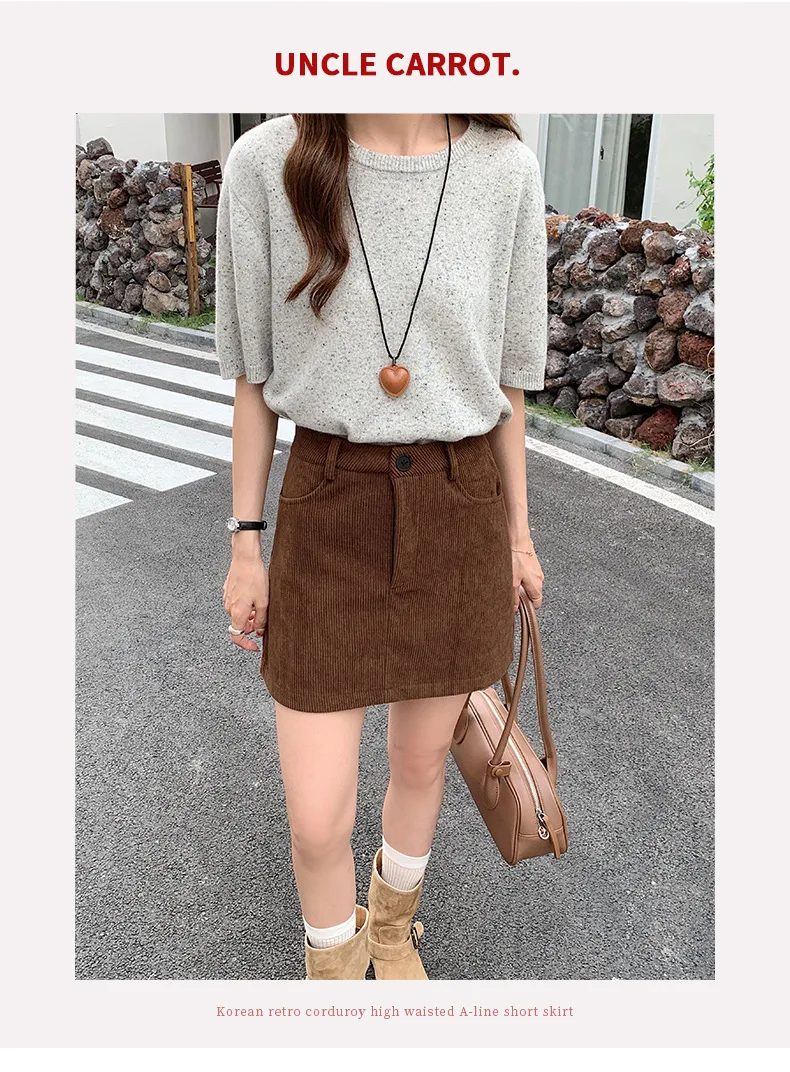 Women's High-Waist A-Line Short Skirt Spring Autumn Retro Brown Corduroy Skirts Woman Solid Color Straight Leg Pencil Skirt Mini