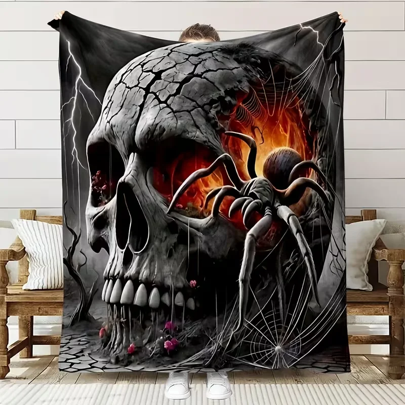 Cooling Blanket with Skull and Spider Theme Soft High-Definition Digital Print Black Horror Style Soft Breathable All-Season