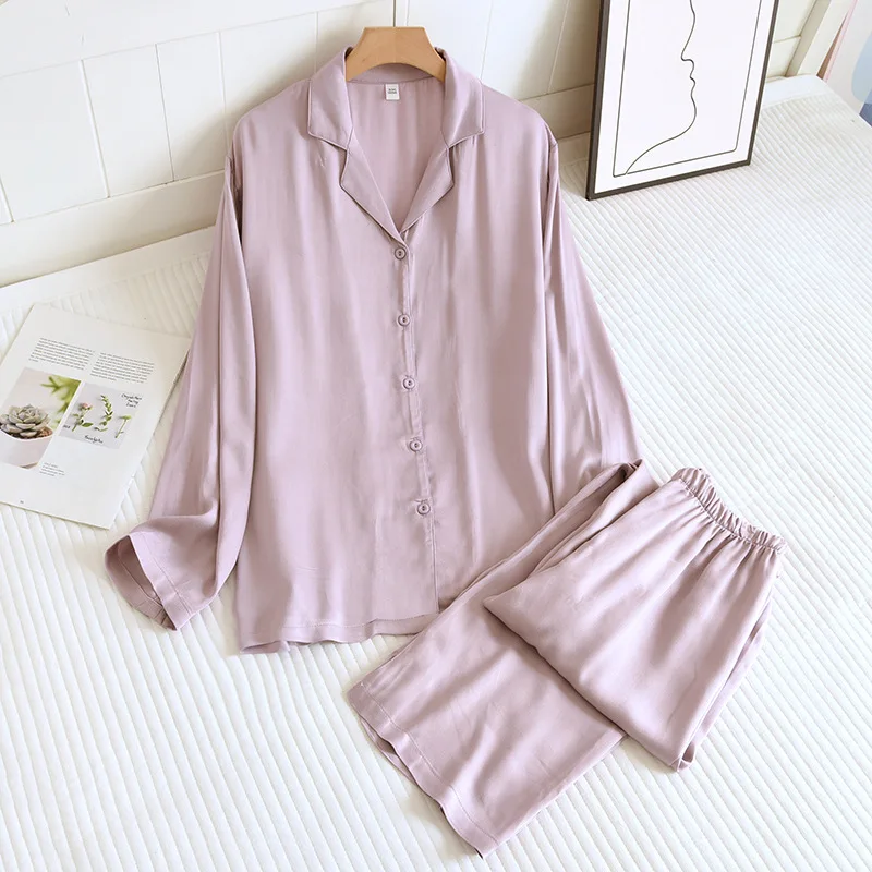 2024 New Spring/Summer Couple Sleepwear Set with Viscous Fiber Gongsatin Thin Long sleeved Two piece Solid Color Home Fury Set