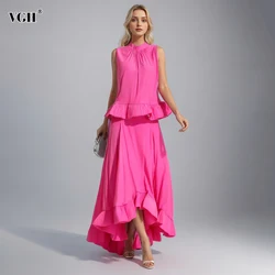 VGH Ruffle Temperament Two Piece Set For Women Sleeveless Tops Pleated Irregular Hem Skirts Fashion New Clothing 2023 Style