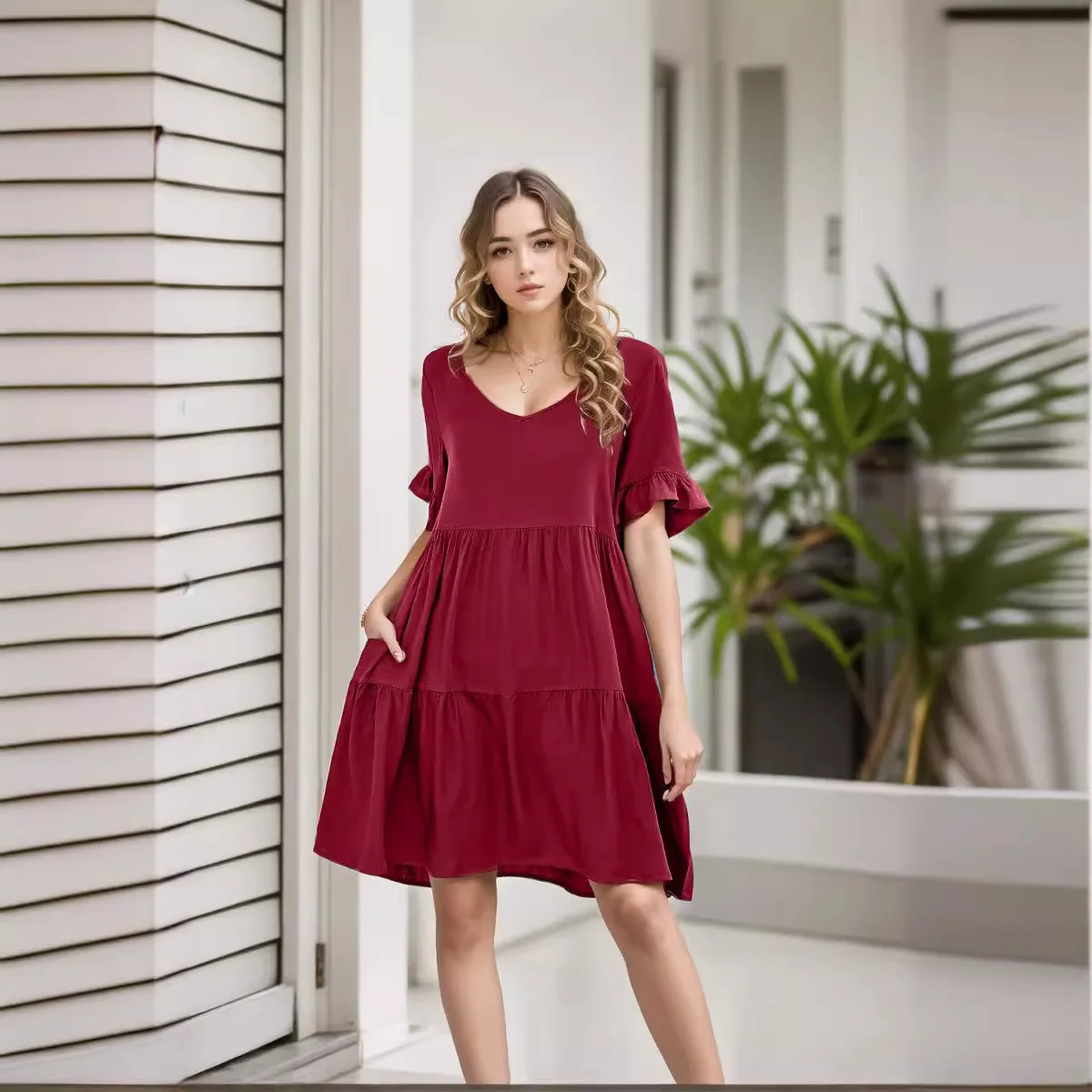 Novo feminino europeu americano verão casual com decote em v babydoll vestido babados de três camadas