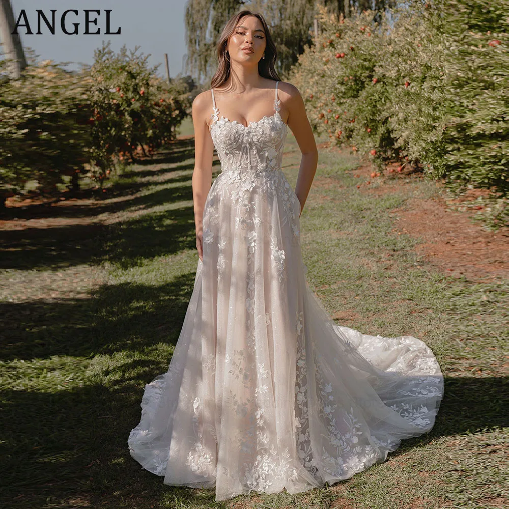 ANGEL مخصص تول فستان الزفاف للنساء زي العرائس عارية الذراعين زين السباغيتي الأشرطة فساتين زفاف Vestidos de Novia