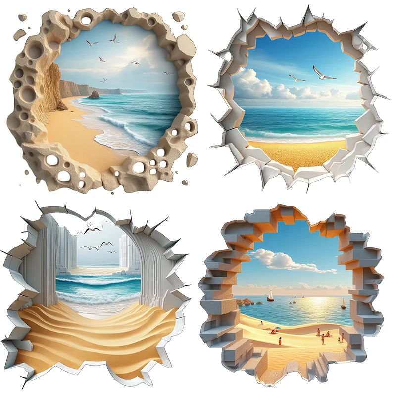 Three Ratels CD53 The ocean beach in the cracked wall Home decoration wall stickers Personalized car stickers