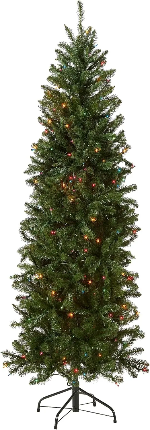 Artificial Pre-Lit Slim Christmas Tree, Green, Kingswood Fir, Multicolor Lights, Includes Stand, 6.5 Feet