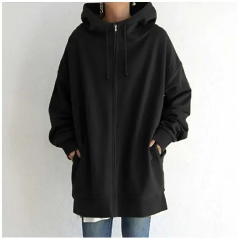 Monochrome Loose Long Sleeve Sweatshirts, Korean Long Top, Personalized Street Hoodie with Zipper and Hood Coats, Women Clothing