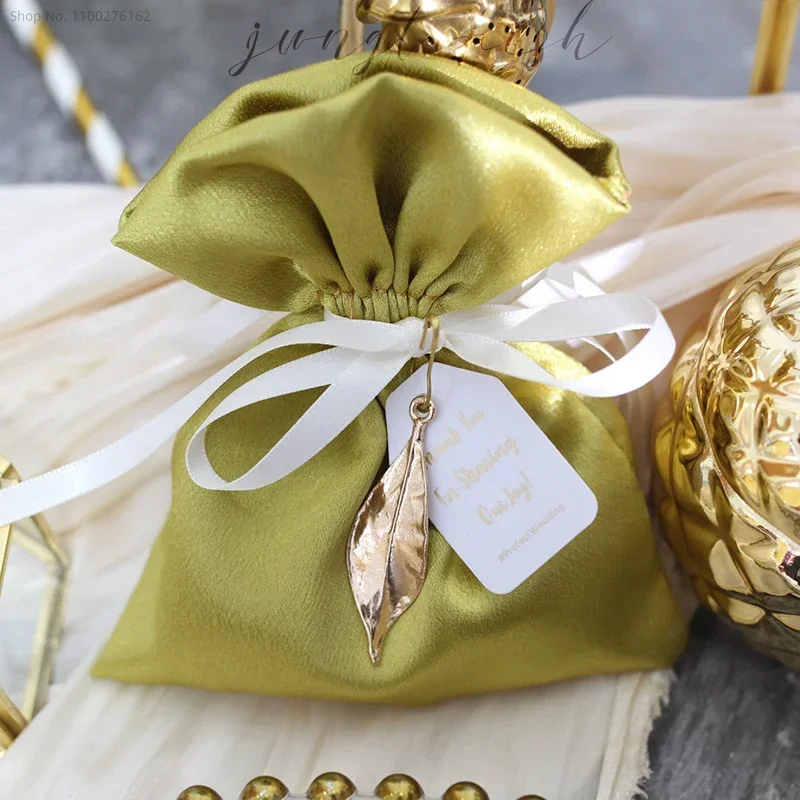 

10pcs/lot Mustard Green High-grade Silk Satin Wedding Gift Bag Chocolate Boxes Package/Wedding Favours Candy Bag Free Shipping