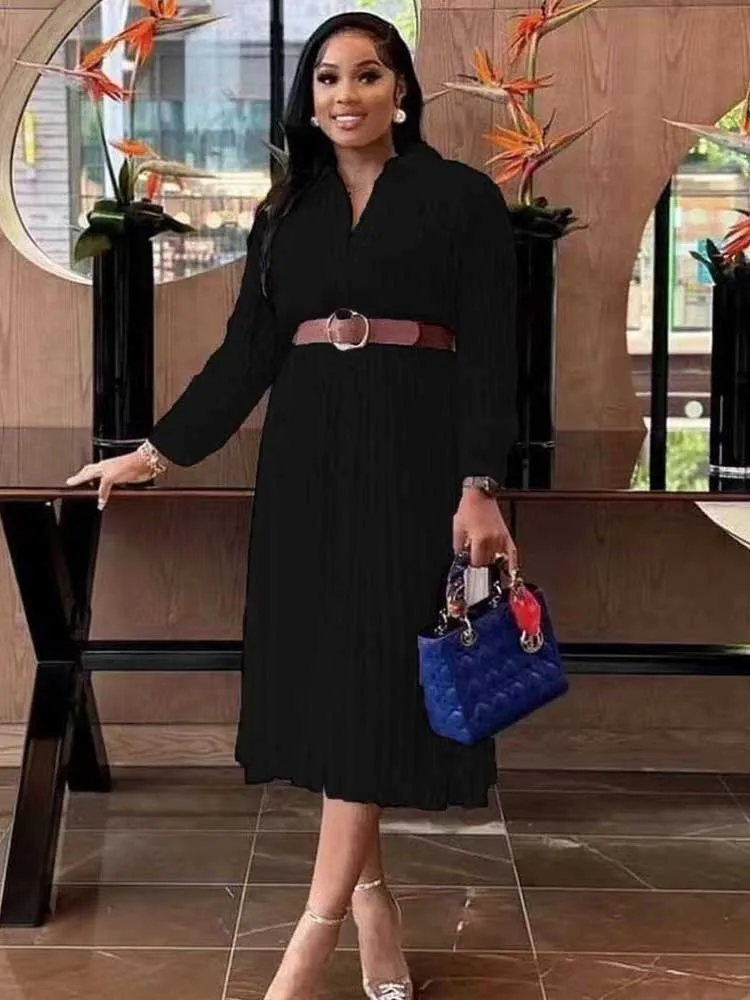 Chic Kleid Elegante Frau Herbst Kleidung Langarm Plissee Kleid mit Gürtel Licht Mid-länge Kleid Großhandel Dropshipping