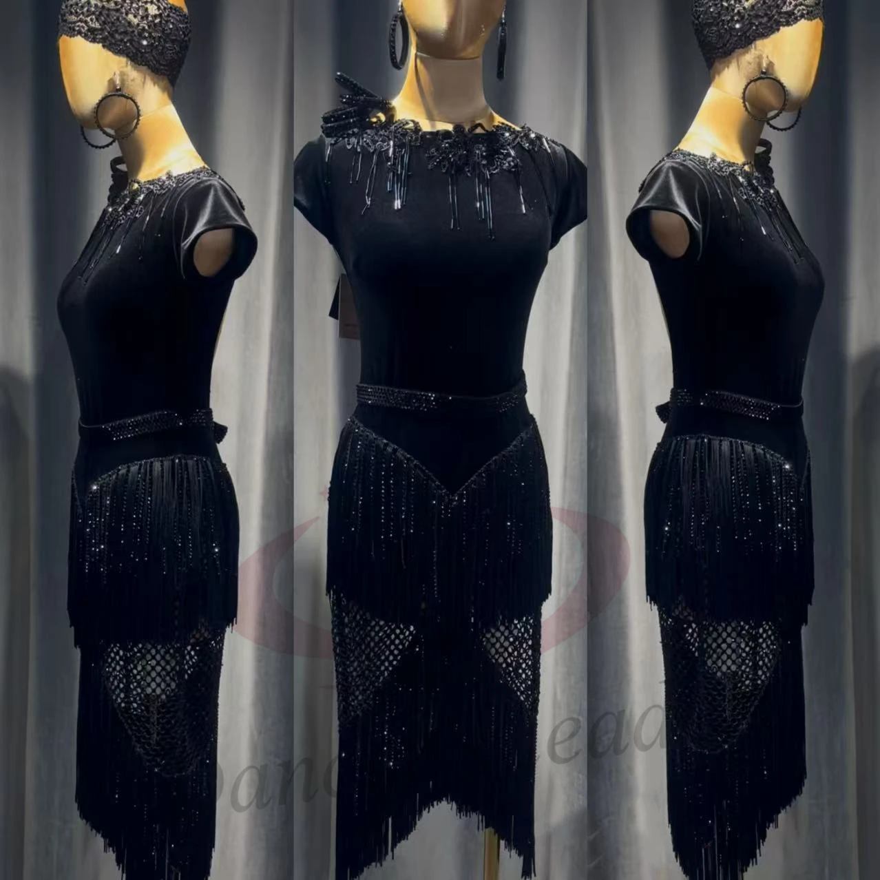 

Latin Dance Costume AB Stone Female Adult Children High end Customized Velvet Diamond Mesh Tassel Dress Black Pool Samba Dress