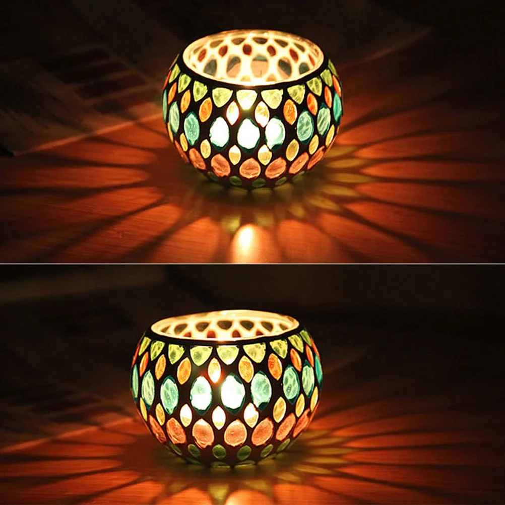 

2Pcs Colored Mosaic Glass Holder Retro Round Tealight Holder Vintage Style Home Office Spa Aromatherapy Decoration