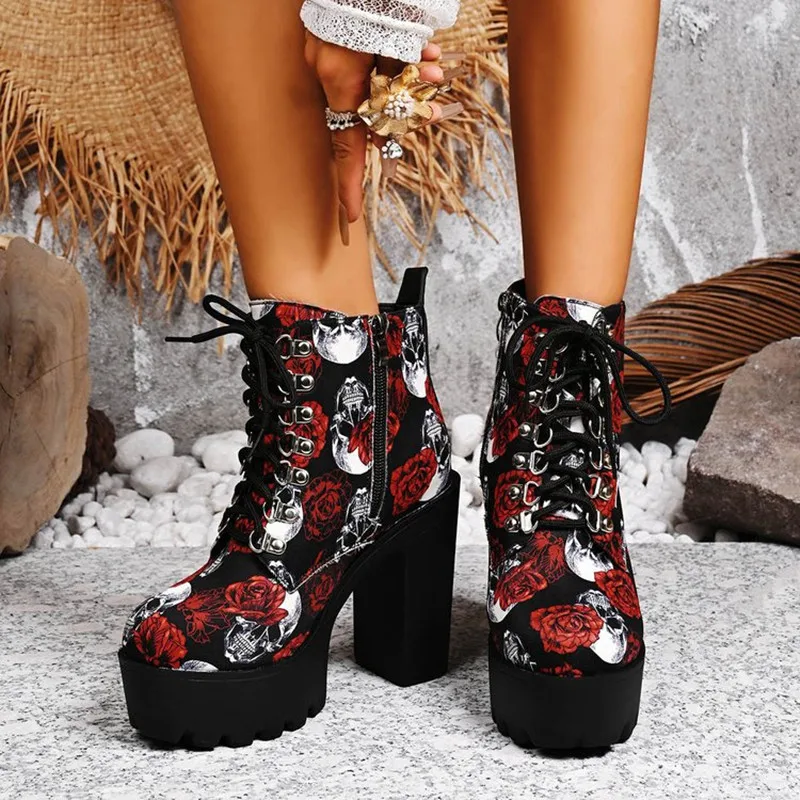 جديد مطبوعة سميكة سوليد أحذية بوت قصيرة جولة تو الجبهة الدانتيل متابعة لينة وحيد عدم الانزلاق كعب سميك كعب جلد حذاء بوت بطول الكاحل بوتاس موهير #5