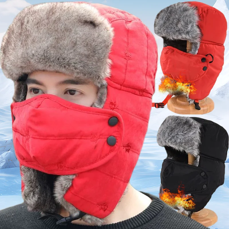 

Новая утолщенная шапка-бомбер из искусственного меха с маской для мужчин и женщин, зимняя плюшевая шапка для снега, теплые наушники, Лыжные шапки, уличная Рыболовная Шапка
