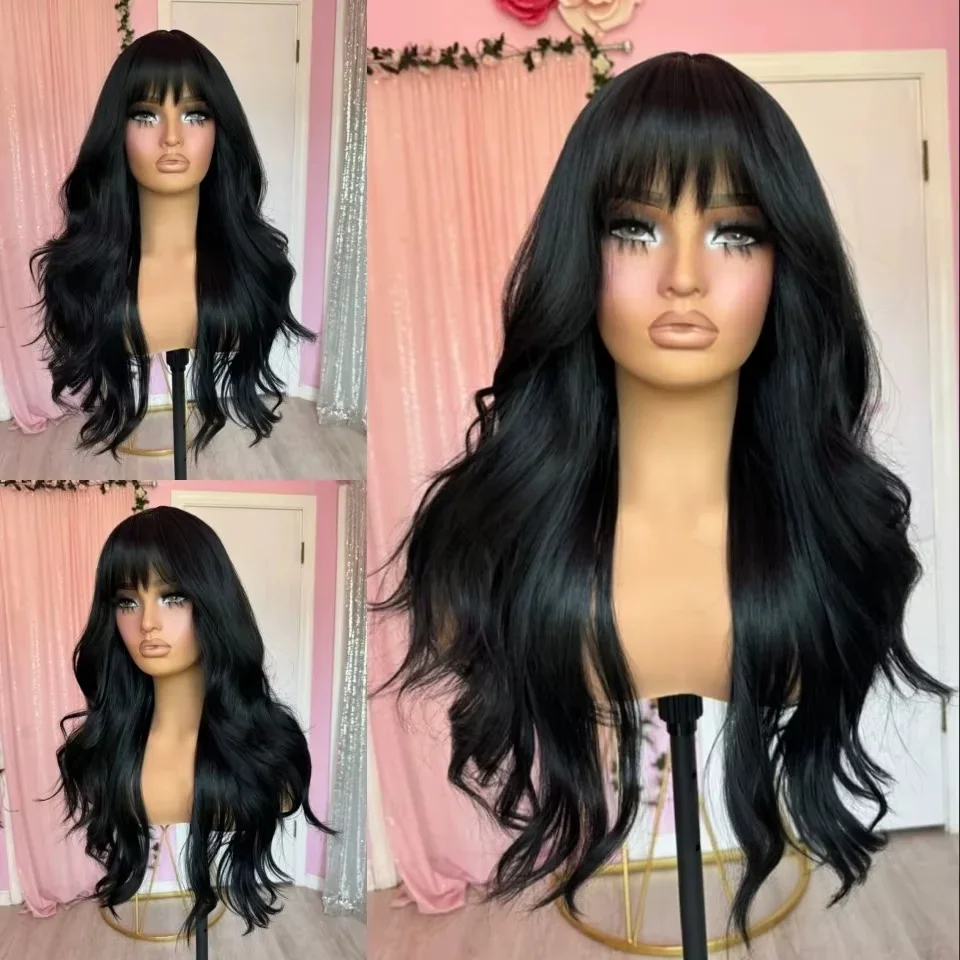 Natural Body Wave Lace Front Wig with Bangs 13x4 HD Black Synthetic Pre Plucked Premium Fibre Heat Resistant pelucas Cosplay