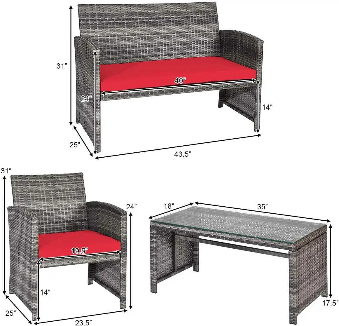 

4 Piece Patio Furniture Set, Outdoor Wicker Conversation Set with Soft Cushions & Tempered Glass Coffee Table, Rattan Patio Sof