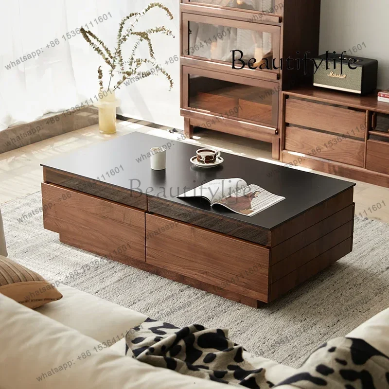 

Nordic Solid Wood Coffee Table Living Room Black Walnut Log Simple Light Luxury Rock Plate Tea Table Household Table