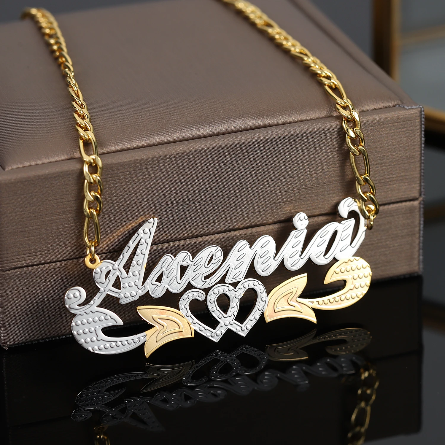 

Custom Name Necklace Two Tone Gold Personalized Jewelry With Heart Stainless Steel Necklaces 3D Nameplate Gift For Her