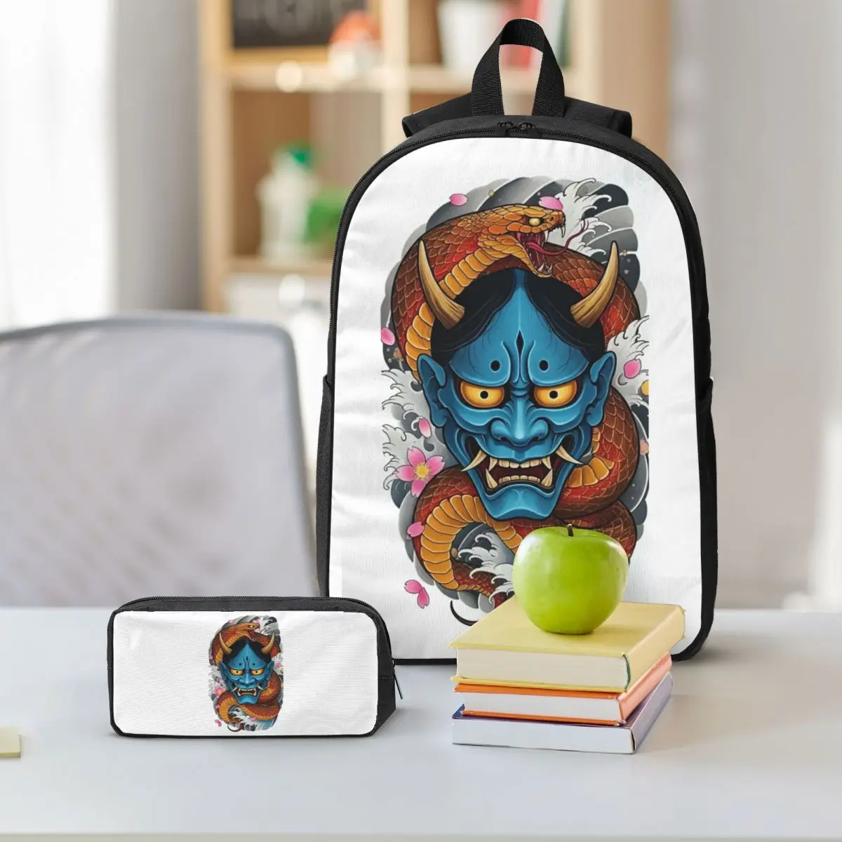 Oni Demon Gaiter Japanese Samurai Ronin Face Backpack BookBag School Bag Shoulder Bags 3ps Insulated Lunch Bag Pencil Case