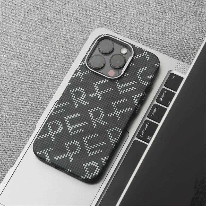 

Fashion Letter Pattern Carbon Fiber Texture MagSafe Phone Case For iPhone 17 16 15 14 Pro Max Alloy Lens Wireless Charging Cover