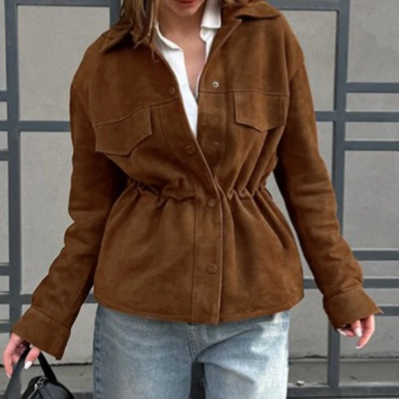

Retro Fashion Street Style Slim-Fit Long-Sleeve Suede Jacket with Turn-Down Collar for Women, Versatile Workwear Jacket