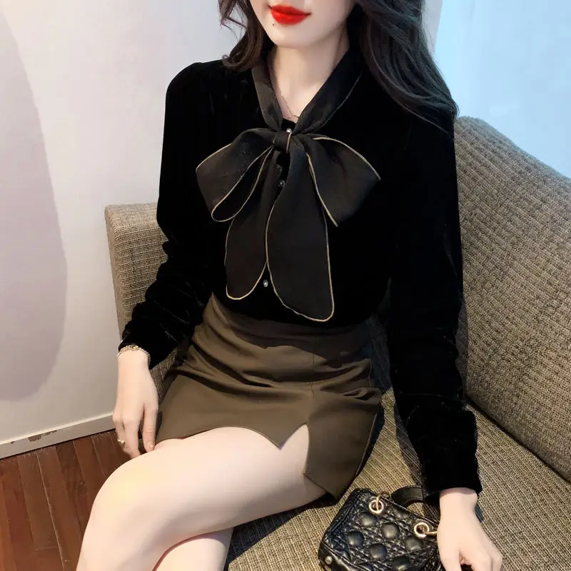 Vintage Solid Color All-match V-Neck Blouse Autumn Winter Elegant Drawstring Bow Female Clothing Single-breasted Folds Shirt New