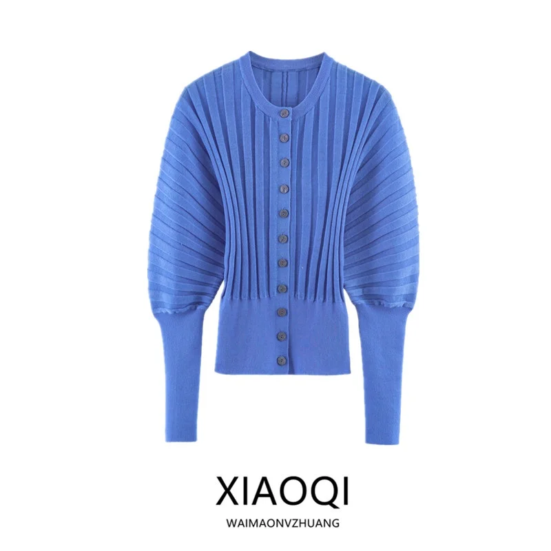 

Весна-Лето 2026: Новинка! Женская модная вязаная кофта с длинным рукавом, круглым вырезом и плиссированными рукавами. Универсальная верхняя одежда 5755016