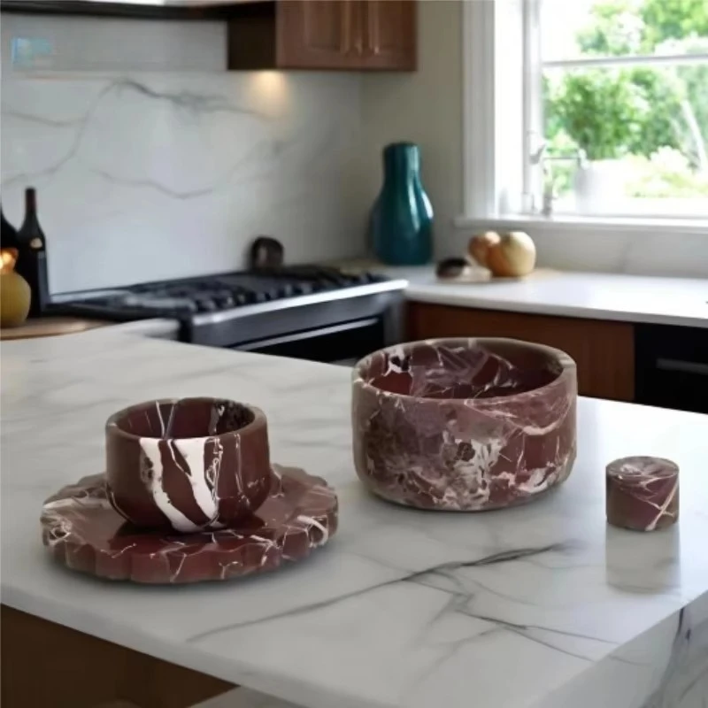 Modern style natural marble bowl, unique purple red marble fruit tray, household kitchen, living room storage
