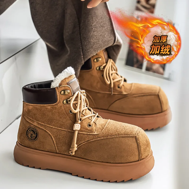 

2025 Men's High-Top Work Boots, Chunky Platform Round Toe Winter Outdoor Hiking Boots, Height Increase Casual Combat Boots
