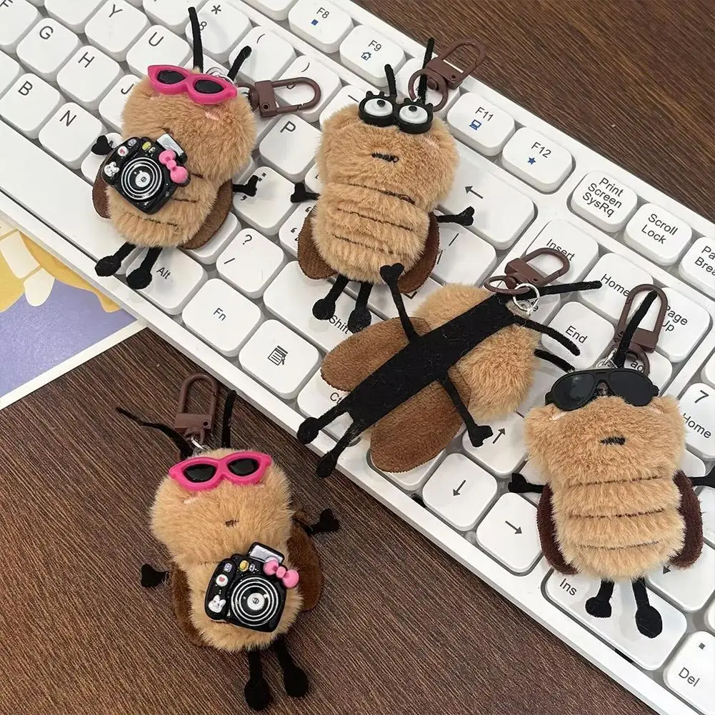 Funny Plush Cockroach Keychain Cute Insect Doll Bag Pendant With Sunglasses Camera Decor Novelty Backpack Charms Gift Llavero