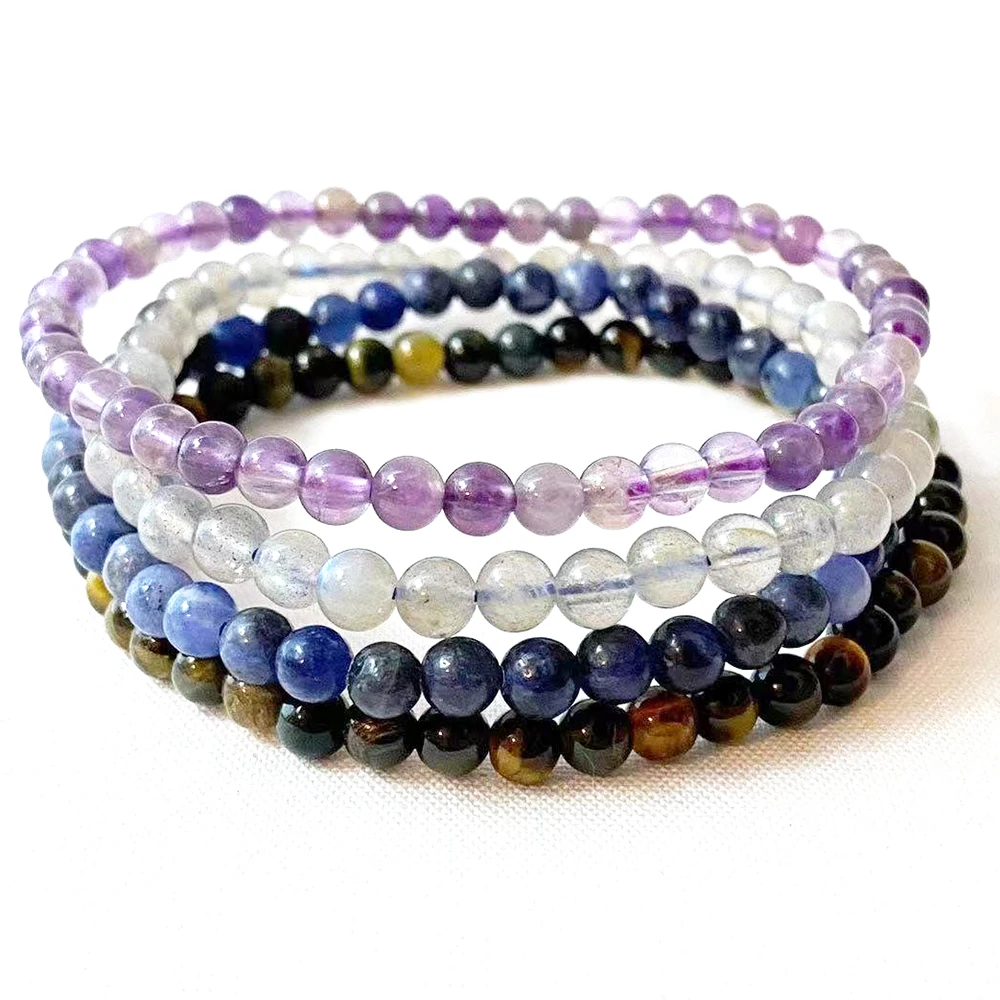 MG2244 4 MM Amethyst Blue Sodalite Tiger Eye Labradorite Bracelet Womens Sagittarius Zodiac Mini Gemstone Bracelet Set