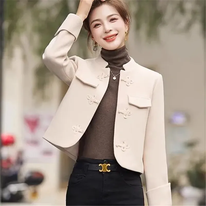 

Chinese Style short Woolen Coat Women Fashion Restore Coil Buckle Design Short Woolen Jacket 2024 Spring Autumn Top Outerwear