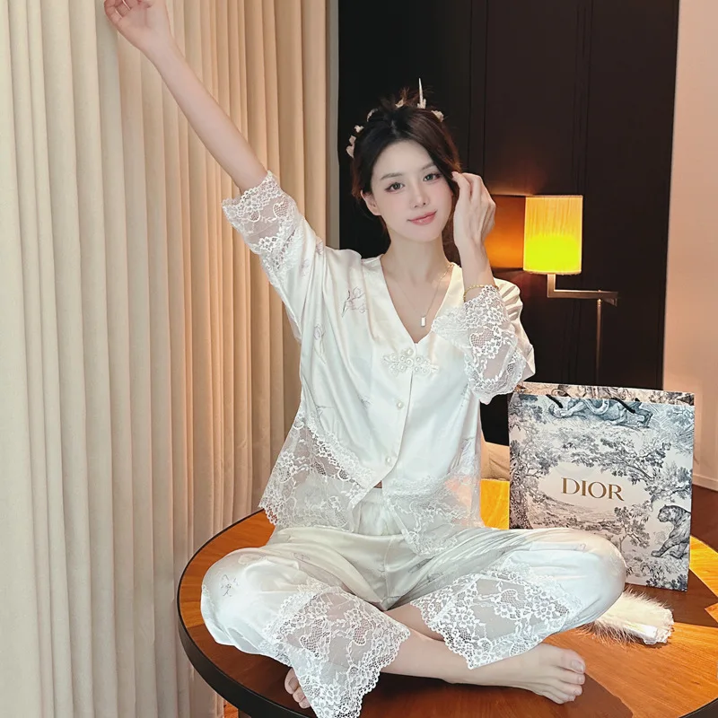 2024 Spring/Summer New Ice Silk Pajamas Thin Set Women Fashion Sexy Lace Splicing High Grade Elegant Home Clothes Can Be Outworn