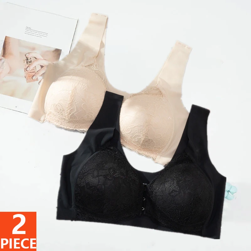 

2PCS/SET Women Plus Size Bra Front Closure Bralette Push Up Lace Seamless Bra Female Lace Comfort Underwear M-5XL