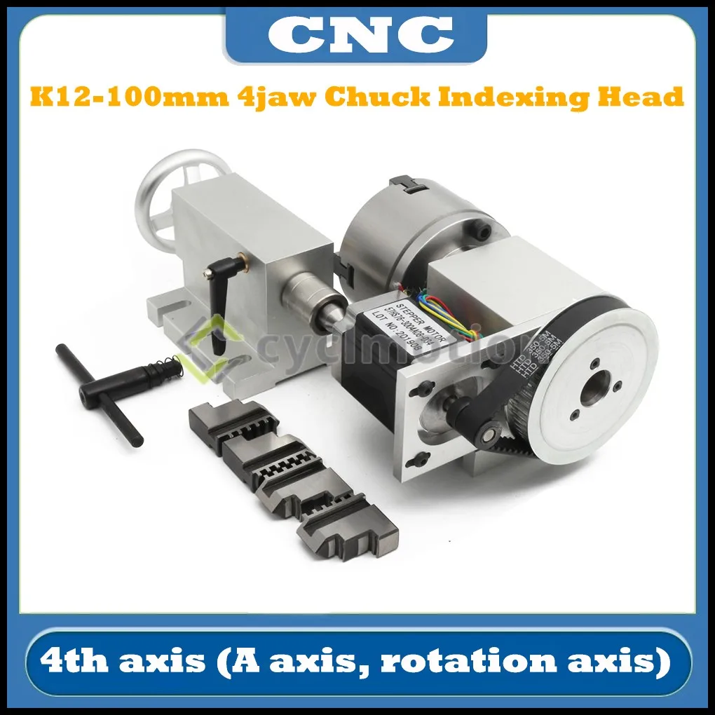 Cyclmotion CNC 4th axis (A axis, rotation axis) K12-100mm 4-jaw chuck indexing head rotation axis with 65mm tailstock