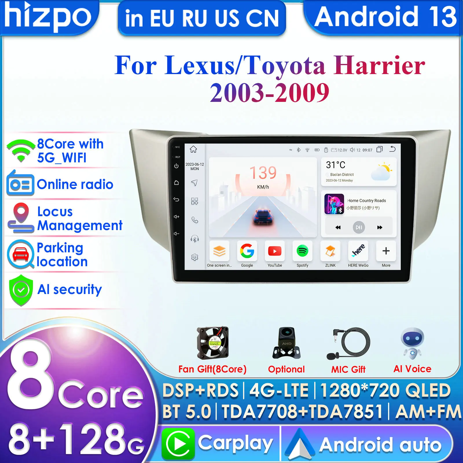 Hizpo Carplay 4G 9'' 10.33'' 8+128G 2din Android Car Radio for Lexus RX300 RX330 RX400H / Toyota Harrier Multimedia Video Player