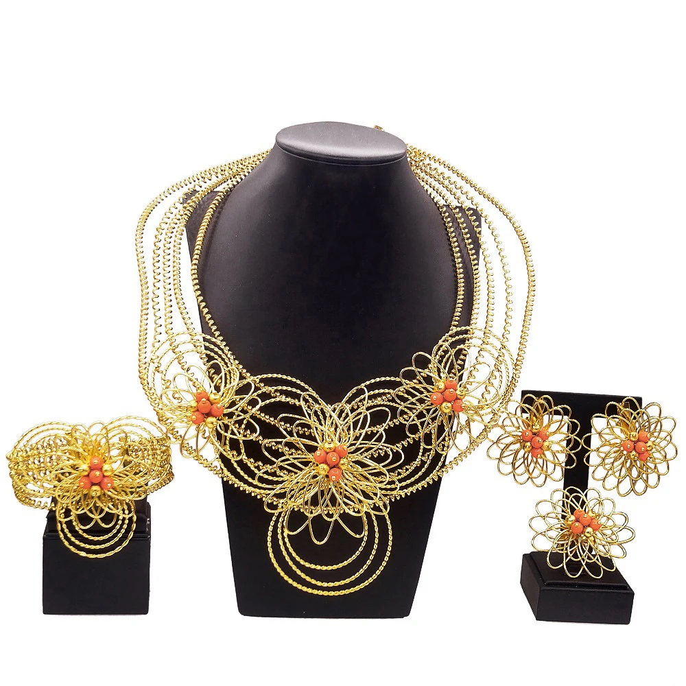 Ylaili's new hollowed-up brass chain jewelry set high-end quality delicate flowers for women earrings ring bracelets party acces