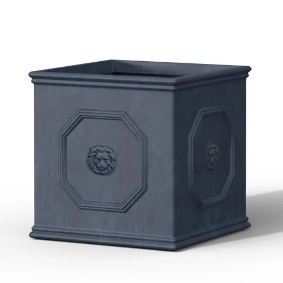 

Indoor outdoor garden patio planter concrete antique gray square lion head design with drainage hole and rubber plug