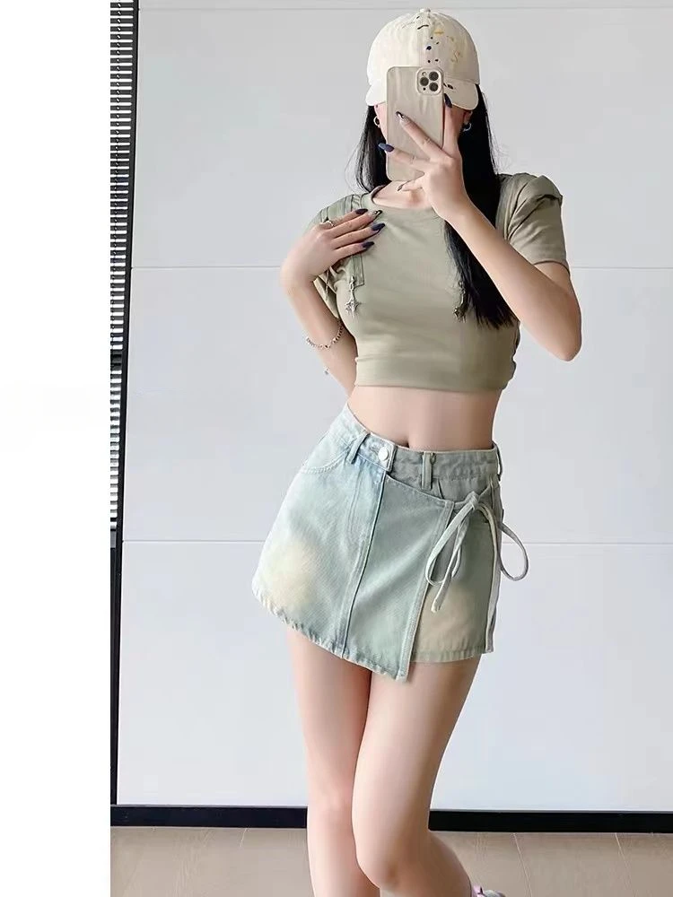 

Fake Two Pieces Denim Shorts Women's New High Waisted Shorts Skirt