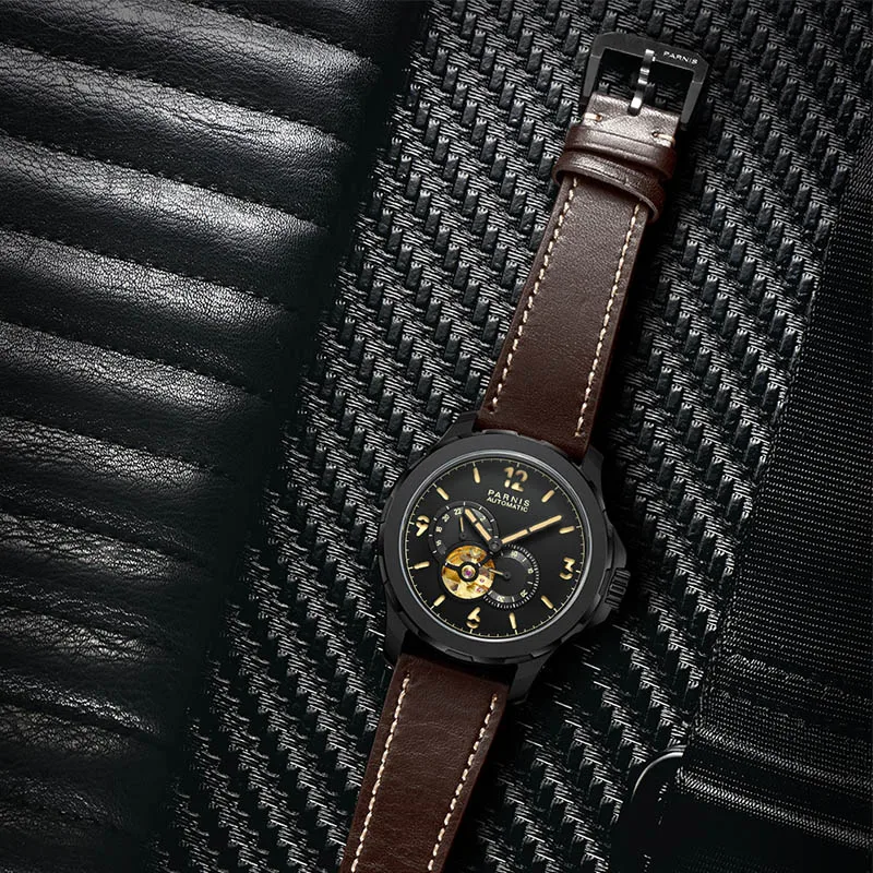 New Parnis 44mm Silver Case orologi meccanici automatici da uomo cinturino in pelle di cristallo zaffiro orologio da uomo luminoso reloj hombre