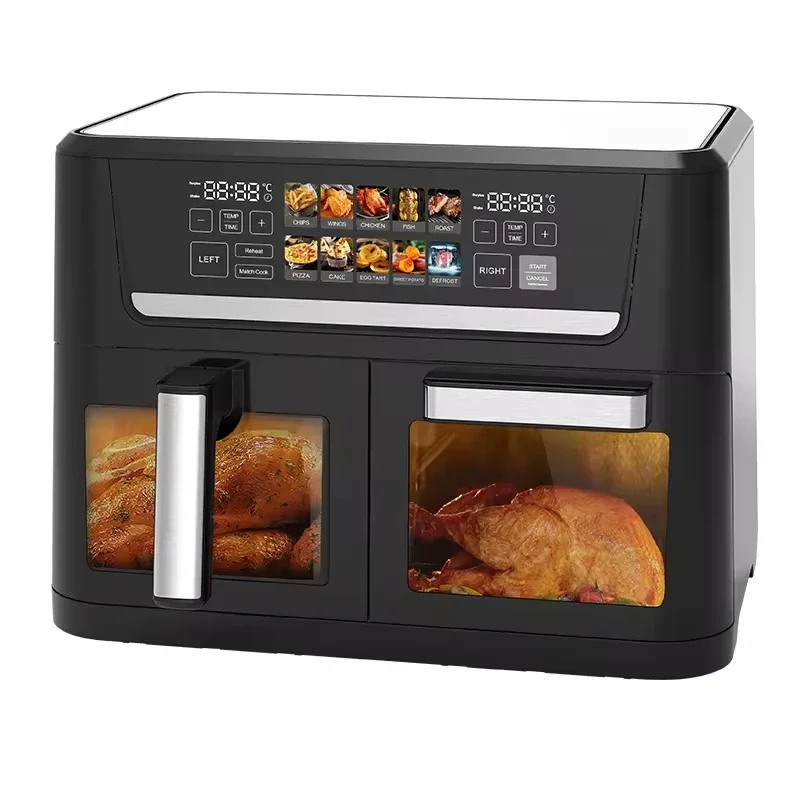 SS Dual Basket Air Fryer 6+8L Oven with View Windows+colorful Panel, Nonstick and Dishwasher Safe