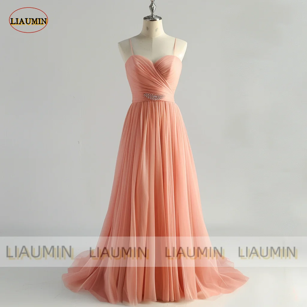 

Pink Tulle Evening Prom Dress Strap Pleat A Line Beading Lace Up Back Wedding Formal Occasion Lace Up Back Custom Made A1-13.5