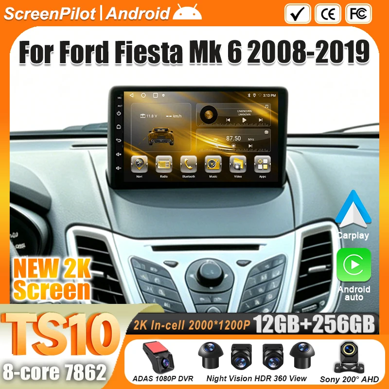 For Ford Fiesta Mk 6 2008-2019 Android 16 Car Radio 2 din Multimedia Video Player Carplay Touch Screen Bluetooth 8 Core RSD 5G