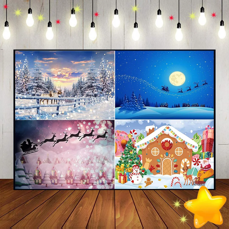 Merry Christmas Reindeer Santa Background Photo Xmas Tree Custom Birthday Backdrop Village Photography Backdrops Lights Gift Eve