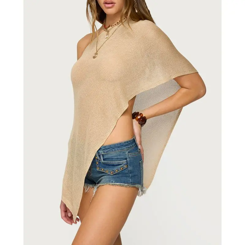 

Combhasaki Women Sheer See-through Ponchos Off Shoulder Asymmetrical Knit Bikini Cover-up Triangle Hem Loose Pullover Beach Tops