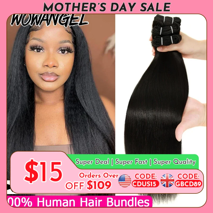 WOWANGEL Licht Yaki Steil Menselijk Haar Bundels Bouncy Pluizige Kinky Straight Virgin Hair Extensions Natuurlijke Zwarte Dubbele Inslag