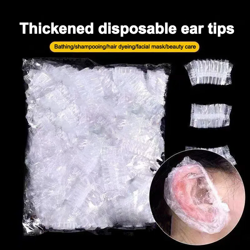 100PCS Transparent Disposable Hair Earmuff Dye Elastic Shower Hair Dye Protection Shield Waterproof Earpack Plastic Wrap ZXPJ04