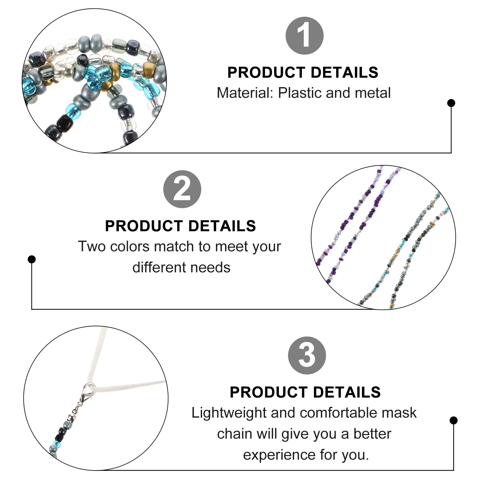 2 pièces de chaînes de masque de 50 cm, cordon pour masque facial et lunettes, sangle de cou perlée, légère, antidérapante, pour un usage quotidien