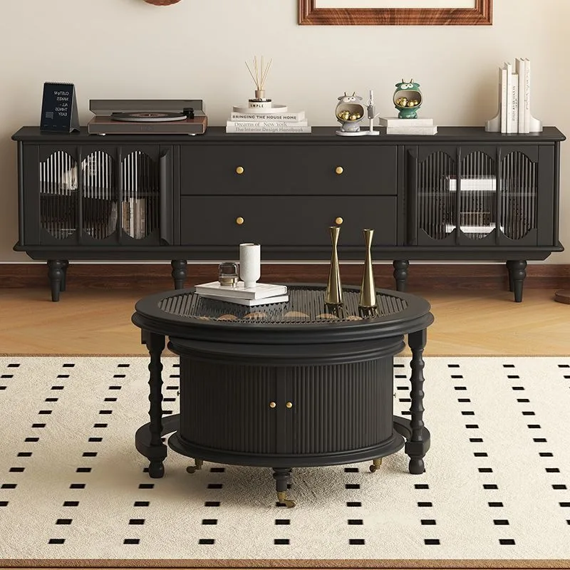 Solid wood round coffee table, living room light luxury distressed glass corner cabinet, tea table