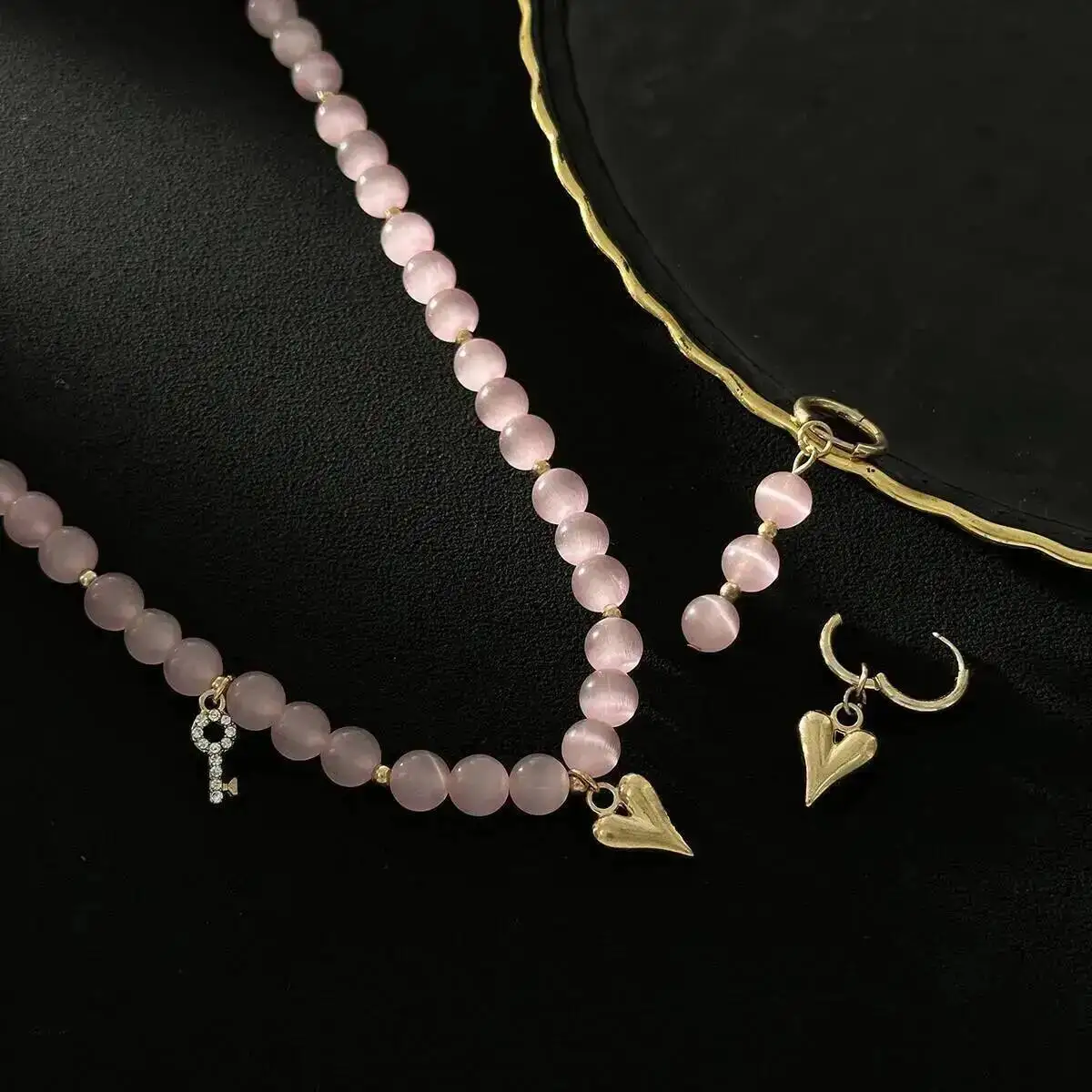 IngeSight.Z 2026 Y2K رائعة الزجاج عقد من اللؤلؤ طقم من الحلقان المرأة سحر الخوخ القلب قلادة سلسلة الترقوة مجوهرات