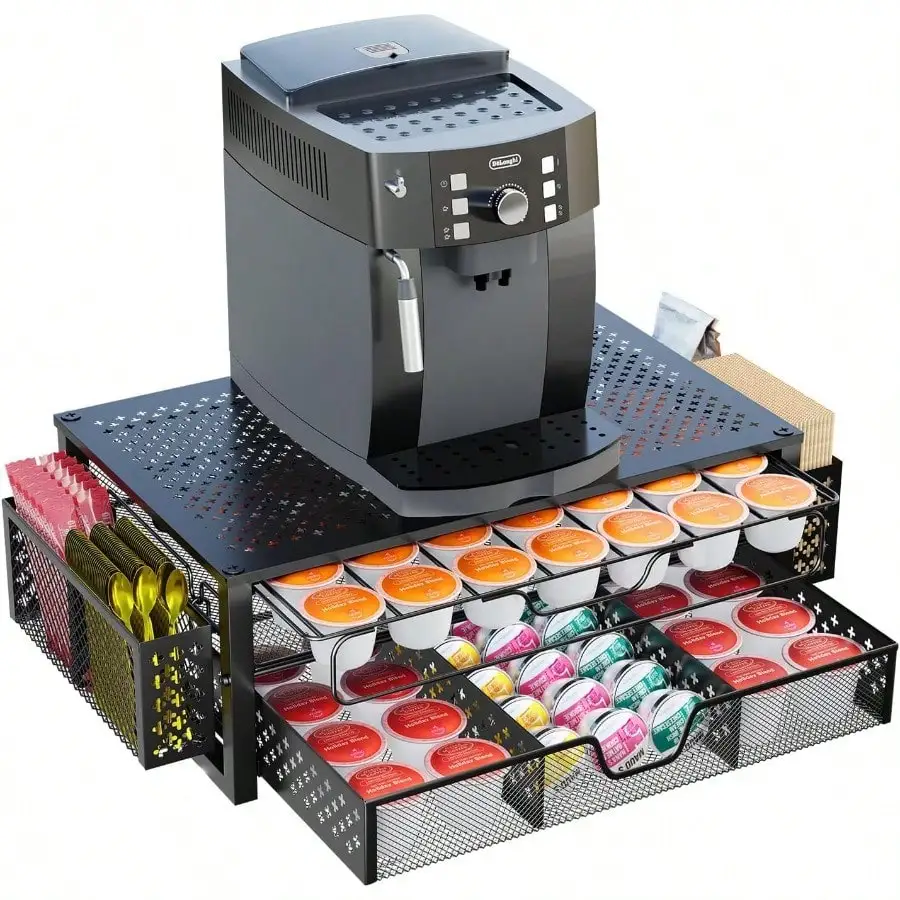 

Coffee Pod Holder For K Cups, With 2 Tier Slidng Storage Drawer And Coffee Accessories Holder, 63 Large Or 80 Small Capsule Orga
