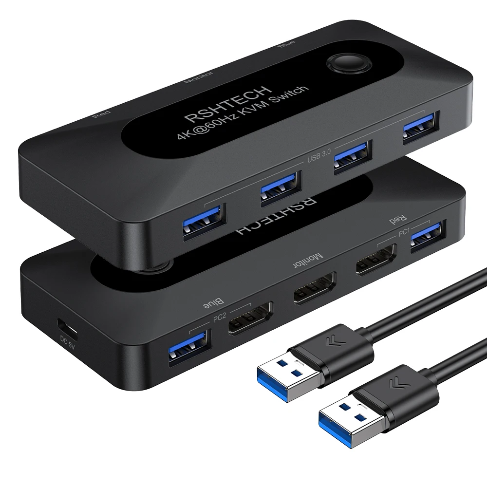 مفتاح RSHTECH KVM مع HDMI 4K@60 هرتز و4 منافذ بيانات USB-3.0 لـ 2 جهاز كمبيوتر مشاركة طابعة ماوس لوحة المفاتيح وشاشة واحدة عالية الدقة