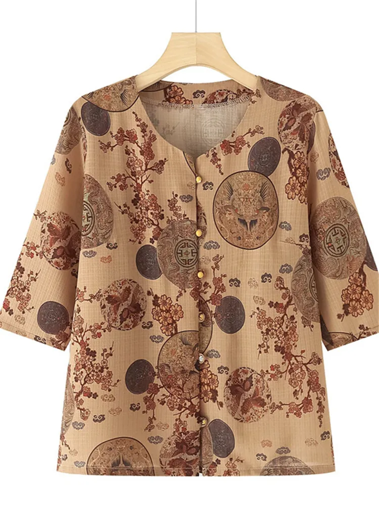 

Plus Size Women's Clothing Short Sleeve Shirt Printed And Dyed Single-Breasted Crew Neck Top With Chinese Style Pattern